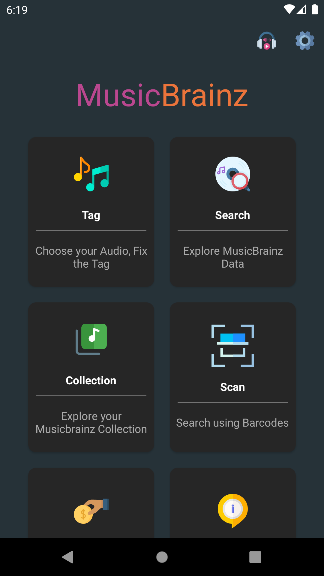 Écran principal de MusicBrainz pour Android